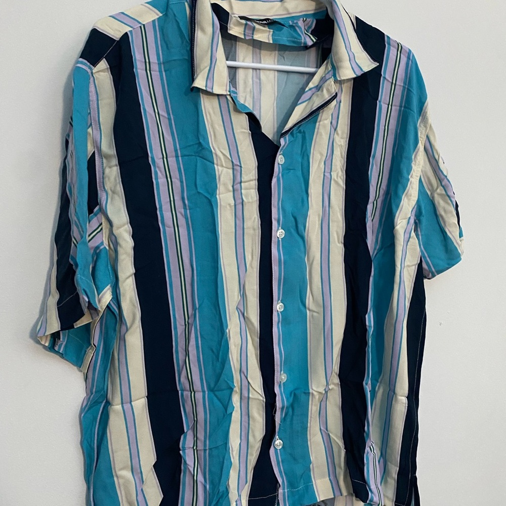 Fashion Nova Blue and Cream Striped Casual Shirt
